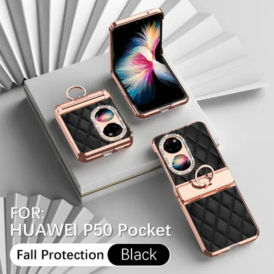 Obrázek produktu pro Kožené pouzdro na Huawei P50 Pocket s držákem na prsten, blyštivé ochranné pouzdro s ochranou pantu černé