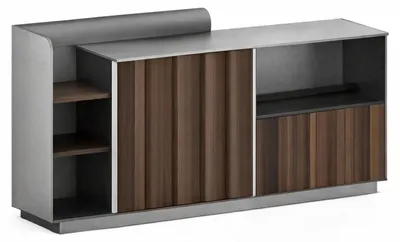 Image de Buffet modulaire avec des étagères en bois, des portes coulissantes et un design moderne