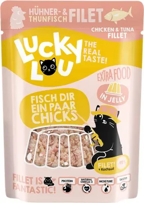 Immagine prodotto di Lucky Lou Extrafood Filetto di tonno e pollo in gelatina Alimento per gatti Alimento umido per gatti Alimento complementare