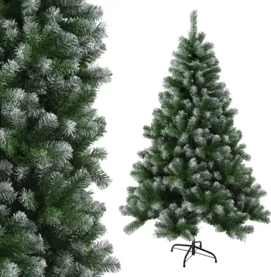 A close-up view of a Christmas tree's branches and a full view of a Christmas tree on a stand.