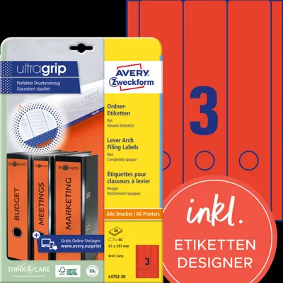 Obrázok produktu pre Avery Zweckform® L4752-20 L4752-20 Etikety na zakladače - široké/dlhé, (A4 - 20 listov), 60 kusov, červená