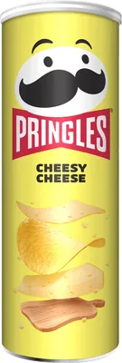 A Pringles Cheesy Cheese potato chip can.