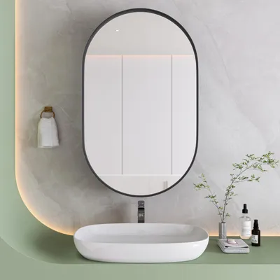 Image de Armoire miroir ovale pour salle de bain avec 2 étagères en verre