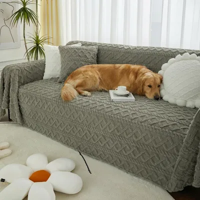 Produktbild von Easy Home Geometrisch Jacquard Plüsch Sofaüberwurf - Weiche Sofadecke Kuscheldecke - Dunkelgrau 180x180cm