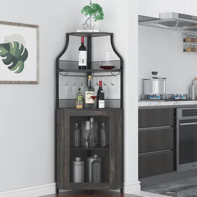 Produktbild von Eckweinschrank mit herausnehmbarem Weinregal Weinbarschrank mit Scheunentür verstellbaren Einlegeböden, Weinschrank für Esszimmer, Wohnzimmer brown
