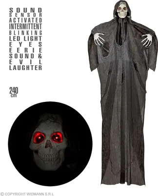 Obrázek produktu pro Smrtka s pulzujícíma blikajícíma LED očima + strašidelné zvuky + smích 240 cm dekorace Halloween