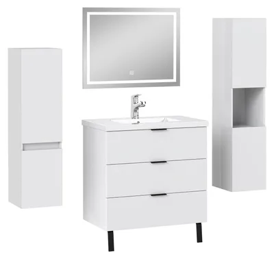 Image de Acezanble Meuble Salle de Bain Blanc Mat 79cm - 3 Tiroirs et Vasque, miroir led, 2 colonnes, MDF