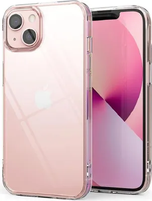 A clear protective case for an Apple iPhone 13 Mini is shown, with the phone inside.