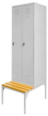 Zdjęcie produktu dla Szafka ubraniowa BHP socjalna metalowa Mega-M na podstawie z wysuwaną ławeczką dwudrzwiowa z przegrodami szara 60x80x223 cm skręcana