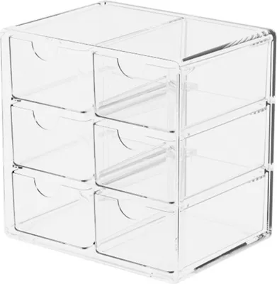 Produktbild von Transparente Aufbewahrungsbox mit 3 Ebenen und 6 Fächern, zur Klassifizierung von Schmuck und Kosmetik, ausziehbare Schubladen, stapelbar, staubdicht, für den Schreibtisch im Schlafzimmer