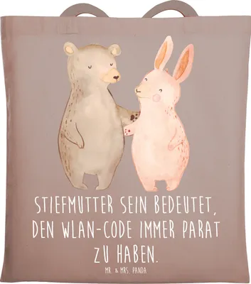 Produktbild von Mr. & Mrs. Panda Tote Bag Stiefmutter Heldin - Braun Pastell - Geschenk, einkaufsshopper, Jutebeutel, Schultasche, Tasche, Geburtstage, familie, Familienmitglieder