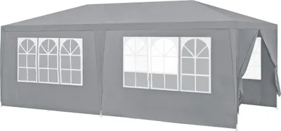 A grey party tent with multiple windows, shown from the side against a white background.