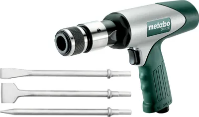 A pneumatic hammer and three chisels are displayed against a white background.