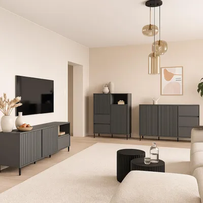 Produktbild von Wohnzimmer Möbel Set in Anthrazit modern mit Lowboard, Highboard & Sideboard, 3-teilig - AMELIA-129