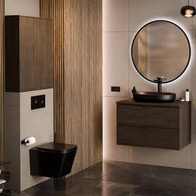 Produktbild von Badmöbel-Set 4-teilig mit LED-Spiegel & 80 cm Waschtisch mit Aufsatzbecken in Walnuss - TEMUCO-56-WALNUT