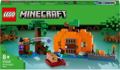 Zdjęcie produktu dla LEGO 21248 Minecraft Dyniowa farma, domek do zbudowania z bagiennego biomu, z żabą, łodzią, skrzynią ze skarbami oraz figurkami Steve'a i czarownicy, prezent dla dzieci od 8 lat
