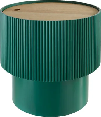 A green and brown round side table.