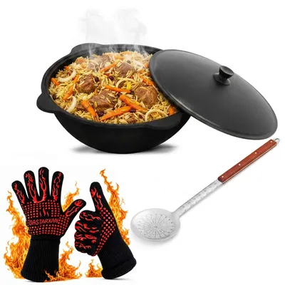 Produktbild von Kasan Gusseisen 16L mit Aluminium Deckel Schaumkelle Grillhandschuhe Original Usbekistan Kochset für Plov Wok Grill