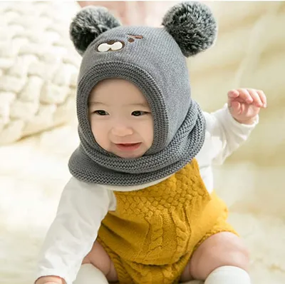 Produktbild von Baby schlupfmütze Warm Niedlich Bär Wintermütze Schalmütze Strickmütze mit Bommel Fleecefutter Beanie Mütze