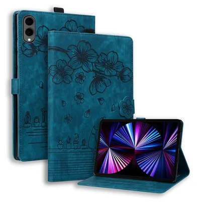 Produktbild von Samsung Galaxy Tab S12 Plus Hülle - Coverup Blumen & Katze Klapphülle - Dunkelblau