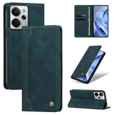 Image de Étui pour Realme 14 5G, type portefeuille en cuirPolyuréthaneavec compartiments pour cartes et support intégré, couleur verte