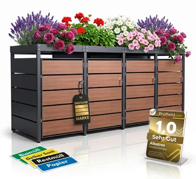 Produktbild von Mülltonnenbox 4er Holzdekor mit Pflanzkasten, 120L bis 240L, für vier Tonnen, Metall, Anthrazit Grau RAL7016, abschließbar, wetterfest