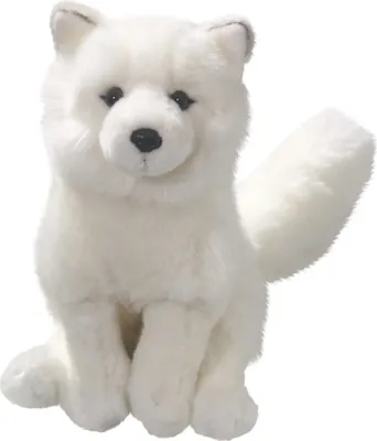 A white plush toy fox sitting on a white background.