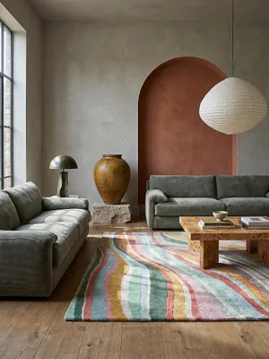 Produktbild von Wollteppich Wellen Muster, Abstrakt, Wohnzimmer Multicolor-Grün Rechteckig 160x230 | 100% Wolle, Rücken aus 100% Baumwolle | Florhöhe: 10 cm | Handgetuftet