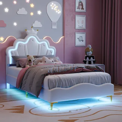 Obrázok produktu pre INONEFT Detská postel, čalúnená posteľ, 90x200 cm, posteľ pre dieťa s LED osvetlením, posteľ pre dievča s nastaviteľnou opierkou, dizajn s motívom korún, biela farba (PU)
