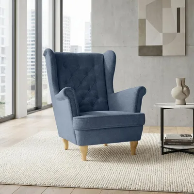 Produktbild von Ohrensessel mit Steppung, Sessel im Chesterfield Stil FALCO (Stoff: Raven 86 - Dunkelblau, Beinefarbe: Buche)