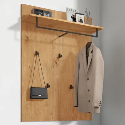 Produktbild von Mai & Mai Garderobenpaneel Wandgarderobe mit Ablage und 5 Haken Wandpaneel Hakenpaneel Garderobenhaken Garderobenboard Kerneiche 78x108cm Gabo-01
