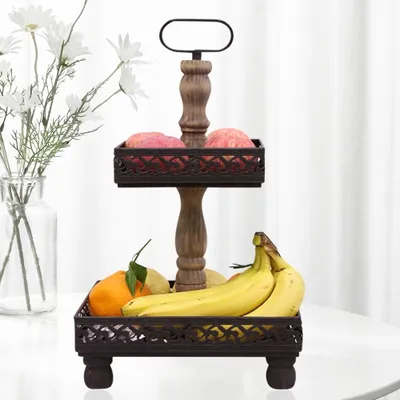 Zdjęcie produktu dla Mucola Etagere 2 Tier Serving Plate Stojak do serwowania Etagere Stojak na owoce Miska na ciasto Vintage Stojak na ciasto - BrownGrey