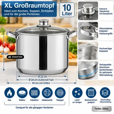 Produktbild von Michelino Universaltopf 10 L Großraumtopf Edelstahl Kochtopf Topf 128013