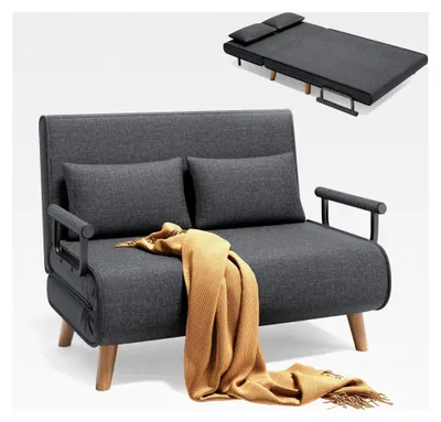 Produktbild von Schlafsofa 2-Sitzer mit Bettfunktion, Schlafsessel mit verstellbarer Rückenlehne und 2 Kissen, Sessel mit Schlaffunktion für kleine Wohnungen (Dunkelgrau)