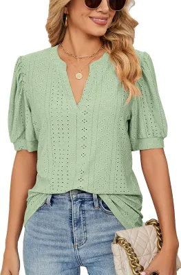 Image de ASKSA T-shirt femme manches bouffantes creusé chemisier col V manches courtes été, vert clair, L