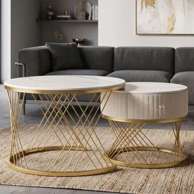 Obrázek produktu pro Pár konferenčních stolků ze sametu a kovu ø 70x48-50x43,5 cm