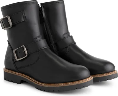 A pair of black leather boots on a white background.