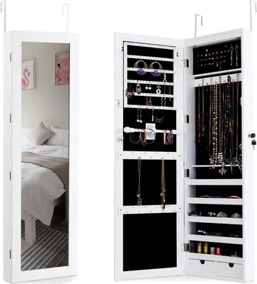 Produktbild von LED Beleuchtung Schmuckschrank, mit Spiegel, 2 in 1 abschliessbares Schmuckregal, Wandmontage, an der Tür haengen, Haengenschrank mit viel Staraum, platzsparend, weiss