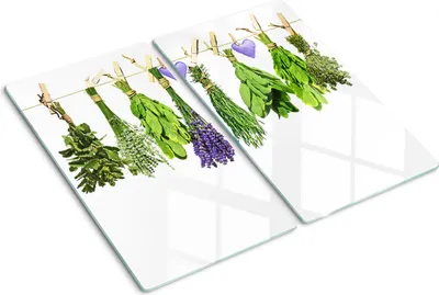 Obrázok produktu pre Sklenená ochranná doska – Kryt varnej dosky – Kryt na indukčnú dosku – 2x30x52 cm – Rýchle čistenie – Tvrdené sklo – Bylinky na šnúrke