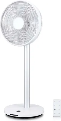 A white KLAMER silent ventilator with a silver stand is shown against a white background. A small white remote control is placed to the right of the base.