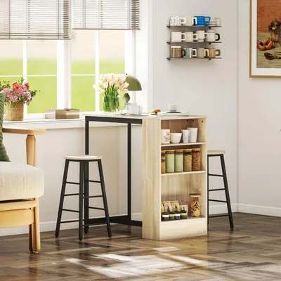Produktbild von 3-tlg Bartisch-Set mit Küchentisch und 2 Stühle Stauraum für Esszimmer Küche Hellbraun+Schwarz