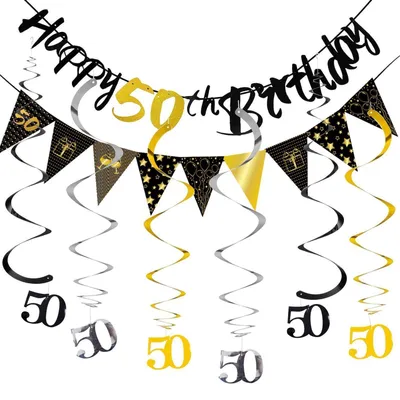 Produktbild von 50. Geburtstag Deko Set Banner Wirbel Girlande Spiralen Schwarz Gold