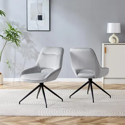 Produktbild von 2er-Set 360° drehbare Esszimmerstühle, hellgrauer Veloursstoff, schwarze Metallbeine, 87 cm