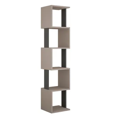 A tall, narrow bookshelf with staggered cubbies.