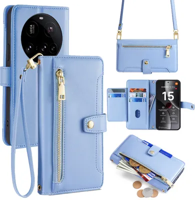 Produktbild von Handykette für Xiaomi 15 Ultra Hülle mit Band Handyhülle Kartenfächer Kunstleder Umhängetasche in Hellblau