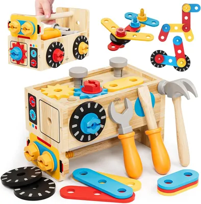 Produktbild von Montessori Spielzeug ab 2 Jahre Junge, Werkzeugkoffer Werkbank Kinderspielzeug, 29 Stück Werkzeug Holz Motorikspielzeug, Geschenk Junge Mädchen