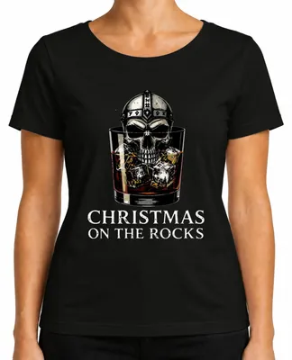 Produktbild von Christmas On The Rocks Whiskey Skull Viking Helm Runen Totenkopf Damen T-Shirt, Schwarz, M