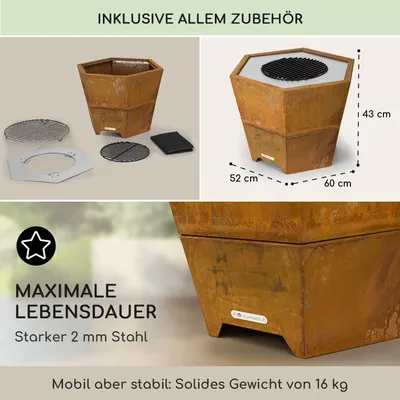 Produktbild von Blumfeldt Feuerschale mit Grillrost, Outdoor Stahl-Feuerschale Groß für Balkon & Camping, Mobile Feuerschale 60 cm, Feuerschalen mit Standfuß, Wetterfeste Feuerschale, Sechseckige Feuerstelle