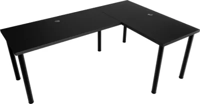 A black L-shaped desk with metal legs, shown from a slightly elevated angle against a white background.
