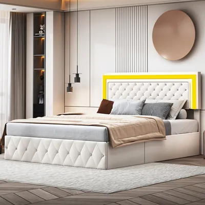 A modern bedroom with a tufted bed and yellow accents.
